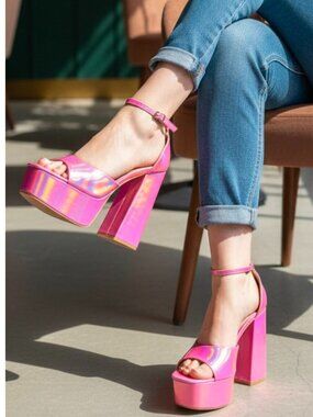 Iridescent Pink Platform Block Heel Sandals With Ankle Strap - Womens Statement